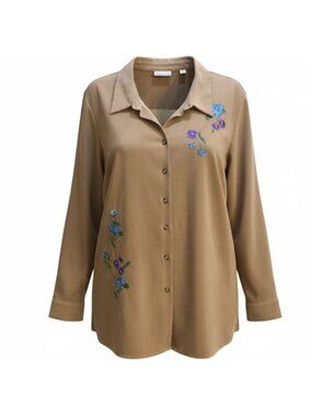 Cascade Blue Women's XL Blouse Solid Tan Floral Embroidery 90s Career Vacation